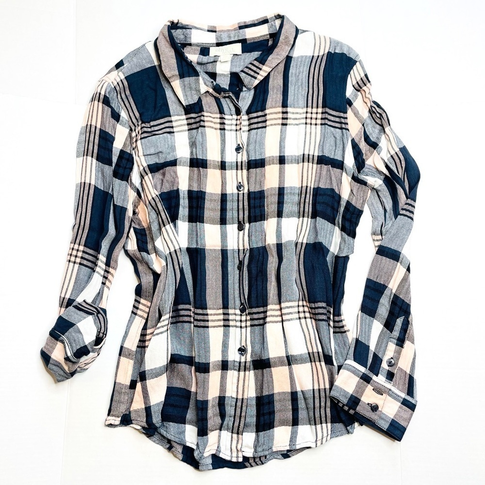 OLIVE & Oak Navy Blue Plaid Long Sleeve Flannel Button Up Shirt Size XXL